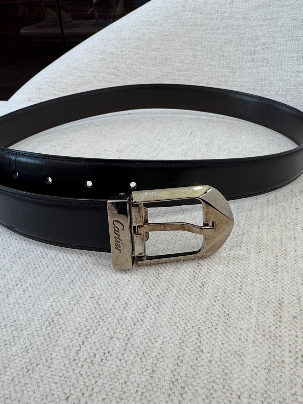 Cartier Black Leather Men's Belt with Silver-Tone Buckle
